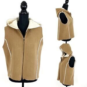 Lauren Ralph Lauren LRL Hooded Vest Sherpa Fleece Full Zip Tan Cream Large